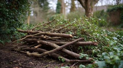 A pile of cut branches and greenery sits on the forest floor cleared from garden maintenance