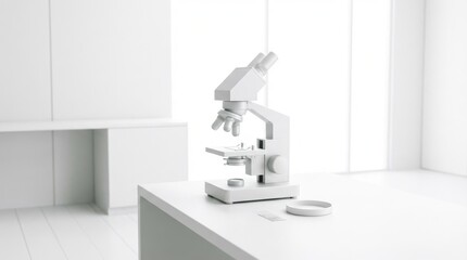 White microscope on a bright table in a modern minimalist science laboratory A petri dish and slide are present