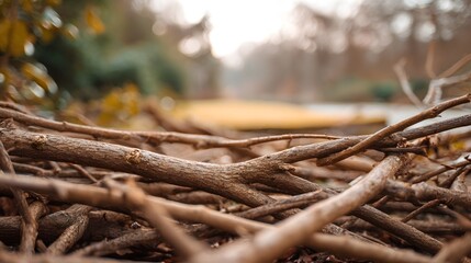 Close up of a pile of dry brown textured branches on the ground in a natural outdoor setting