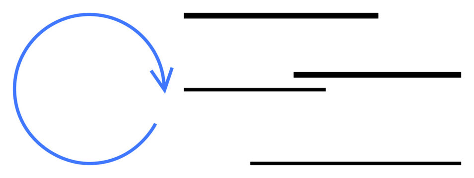 Blue circular arrow showing cycle or process continuity next to parallel horizontal black lines. Ideal for workflow, process management, efficiency, repetition, system, planning, simple flat metaphor