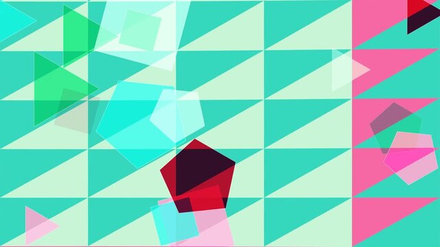 Modern Abstract Geometric Pattern: Colorful Overlapping Translucent Polygons on a Teal Triangle Grid Background