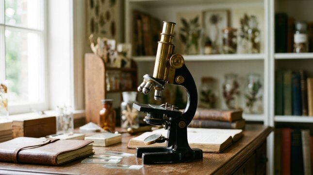 Vintage brass and black microscope on a wooden desk with open books slides and botanical specimens
