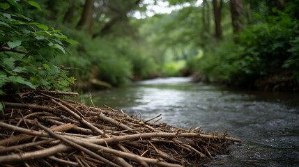 Fototapeta premium A pile of fallen branches forms a natural barrier along the bank of a clear flowing forest stream