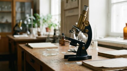 Vintage brass and black microscope on a rustic wooden laboratory desk surrounded by old science equipment and books