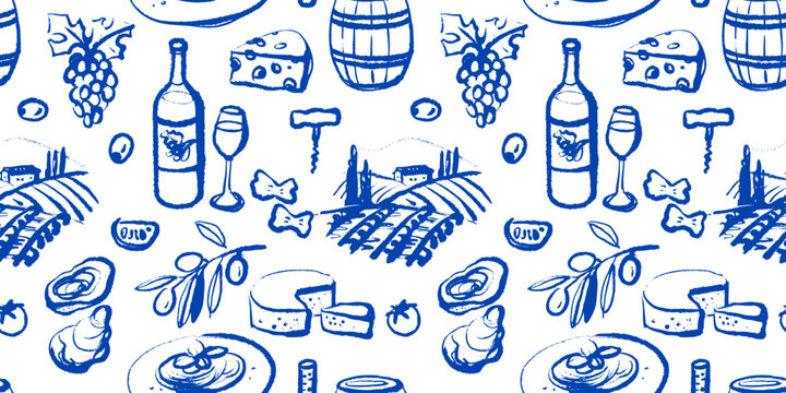 Hand drawn vintage wine seamless pattern. Retro vector sketch illustration. Menu design, winery and vineyard branding, alcohol bar concept