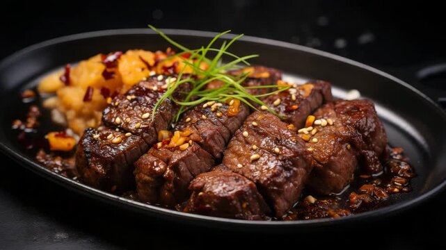 Grilled beef cubes on hot sizzling plate