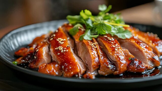 Glazed Chinese roast duck with fresh herbs