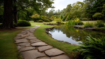 Fototapeta premium A picturesque stone pathway meanders through a lush green garden beside a tranquil pond reflecting the surrounding trees and foliage