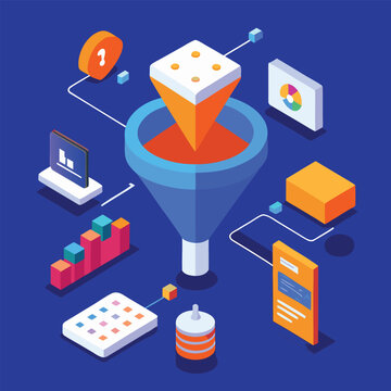 Minimalist isometric digital marketing funnel illustration showing lead generation and customer acquisition process.