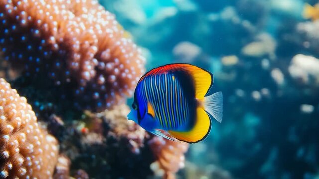 Vibrant tropical fish with coral reef