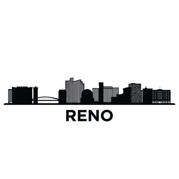A stark black silhouette of the reno city skyline with its name