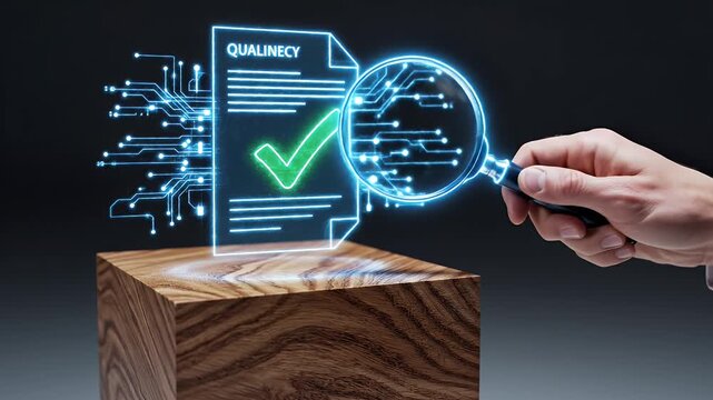 Quality Control Inspection with Magnifying Glass - A hand holds a magnifying glass over a document hologram with a green checkmark and the word "QUALINECY" at the top, resting on a wood block.