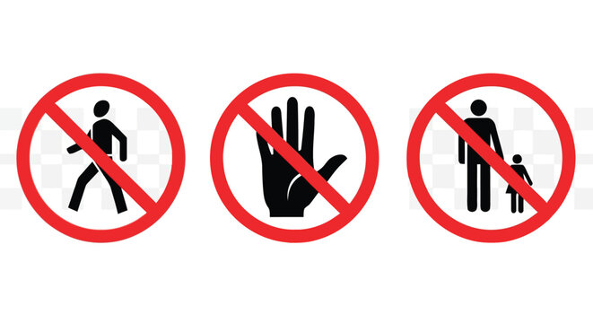 Prohibition symbols for no pedestrians, no children allowed, and no hand entry safety signs in bold red and black