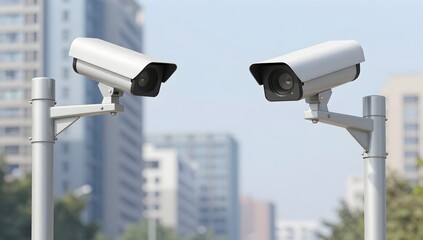 Security surveillance cameras in front of tall building oversee public safety