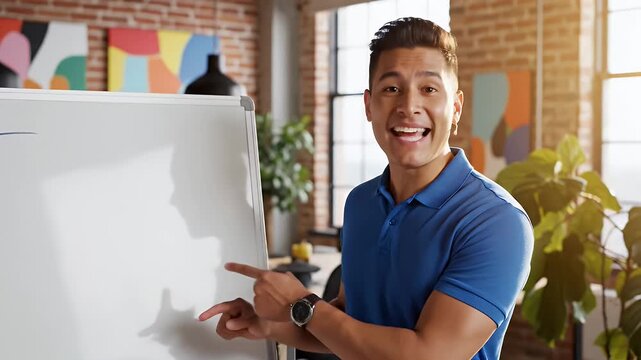 Man Presenting in Modern Office Setting - A man in a blue polo shirt gestures confidently towards a whiteboard in a stylish office environment.