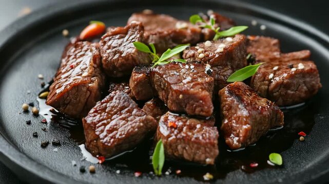 Grilled beef cubes on hot sizzling plate