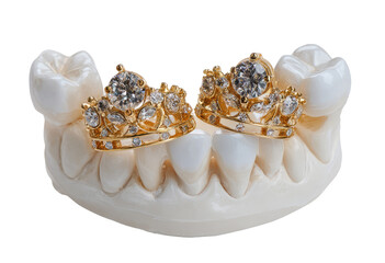 Dental model with gold crowns adorned with small diamonds