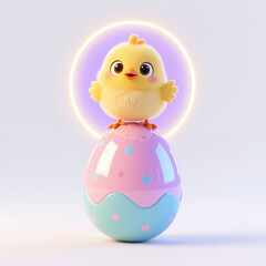 Fototapeta premium Vibrant Easter illustration of a cheerful yellow chick standing on a large pink and blue polka-dotted egg with a soft glowing purple halo behind its head.