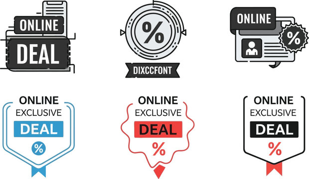 Online deal badges and tags for special promotions and discounts, e-commerce marketing graphic elements
