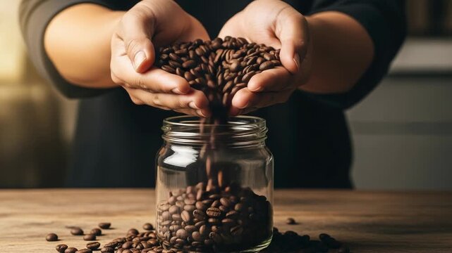 Hands gently pour coffee beans into a glass jar, some spilled on wooden surface