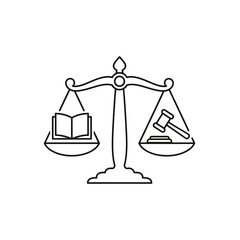 Scales of justice icon balancing a book and a gavel, symbolizing the intersection of law and knowledge.