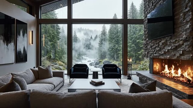 Cozy living room with fireplace and large window overlooking forest 4k video