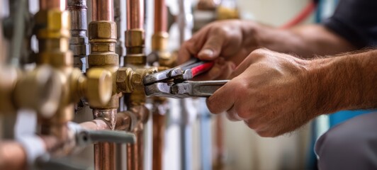 The plumber tightening copper pipes and valves with pliers in utility room