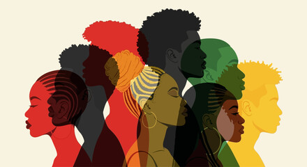 Diverse Black Community United Vibrant African Faces in Profile Silhouette Symbol of Unity Culture and Strength