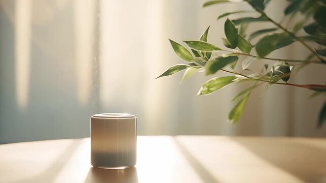 Product container sitting on a light wooden table inside a bright room, receiving warm natural sunlight through a window, with a green plant in a vase adding a touch of natural elegance