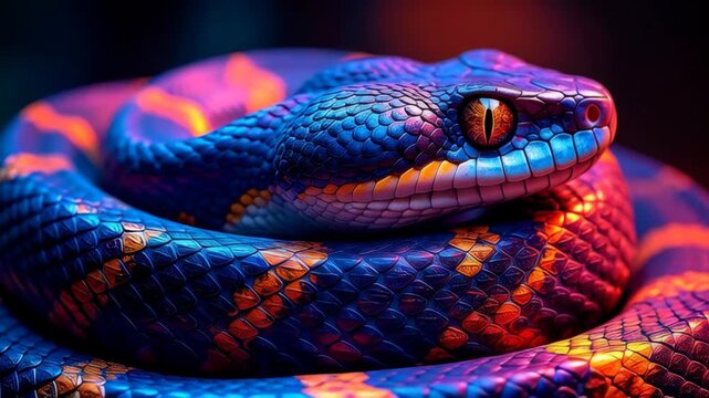 Coiled serpent with iridescent scales illuminated by vibrant neon blue and orange lights