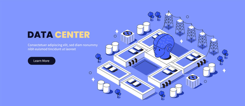 Ai data center campus with infrastructure. Artificial intelligence, cloud computing and data processing concept. Vector isometric illustration.