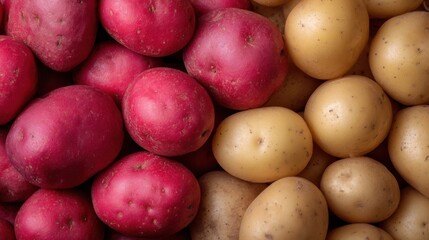 The Potatoes Red and Yellow Varieties Closeup Displayed for Culinary Market and Farm Use