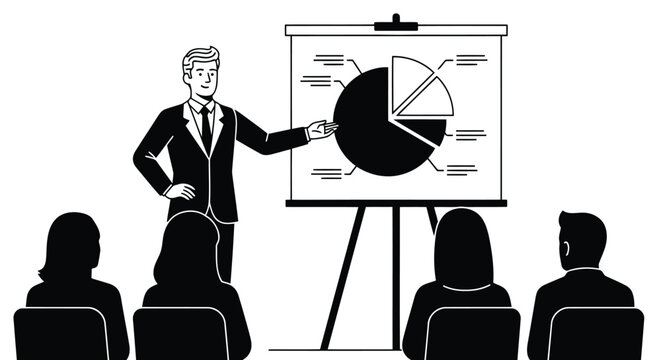Professional businessman explaining financial data and market share analysis using a pie chart during corporate meeting with attentive colleagues