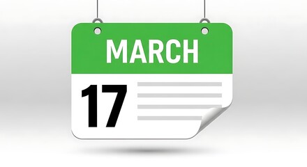 St Patrick Day March 17 calendar date sign hanging on white background minimal celebration concept