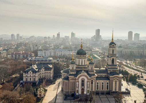 Aerial view of the Transfiguration Cathedral and the city skyline, Donetsk Oblast, Donetsk, Ukraine