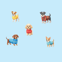 Set of different dog breeds dressed in knitted sweaters, isolated on transparent background. Hand painted illustration for pet products, apparel design, prints, stickers and seasonal marketing.