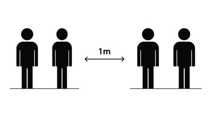Fototapeta premium Group of four minimalist black silhouette figures demonstrating social distancing with one meter spacing between pairs