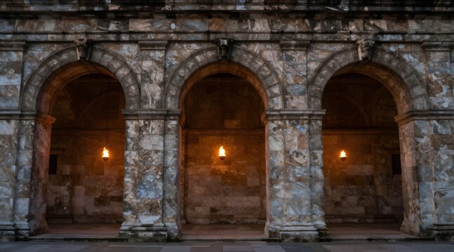 Stone archway glows with hanging flames in a symmetrical composition