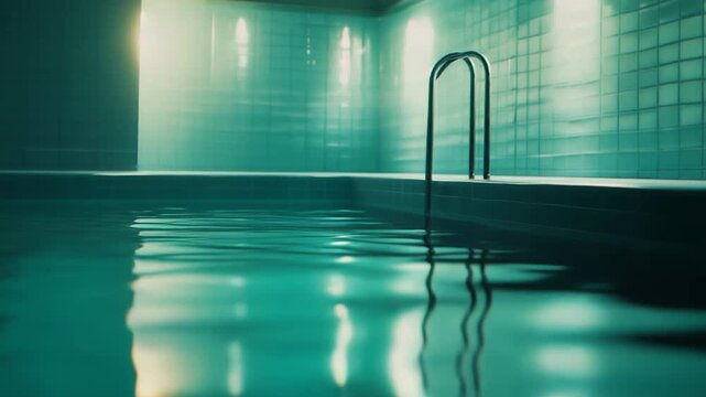 Empty indoor swimming pool creating a surreal mood with its still, teal water surface reflecting light, featuring a ladder for access against tiled walls bathed in soft glowing illumination