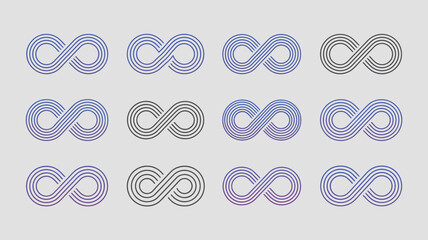 This image displays a pattern of infinity symbols in varying shades of blue and gray arranged in a grid like formation on a white background