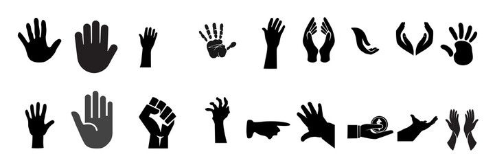 Fototapeta premium Diverse hand gestures and postures in black and grey silhouettes against a white background