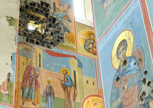 War damages on Nikolo Vasilyevsky Monastery paintings, Donetsk Oblast, Nikolskoye, Ukraine