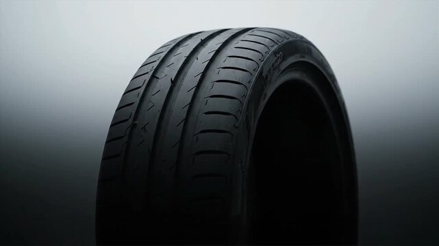 Close up of a new car tire with tread pattern against a gradient background