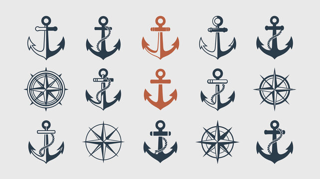 A collection of nautical themed illustrations features anchors compasses and a ship s wheel in a simple graphic style high quality professional detailed modern elegant stylish