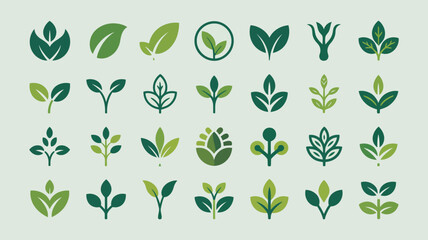 A collection of nine stylized green leaf icons are displayed on a light green background showcasing various shapes and vein patterns high quality professional detailed modern