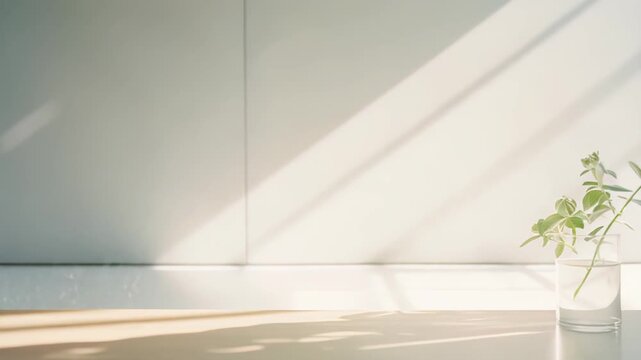 Minimalist interior scene featuring a green plant sprig in a glass vase on a clean white table, with natural sunlight casting strong diagonal shadows on the wall and surface