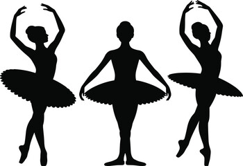 Three black silhouette ballet dancers in tutu skirts and pointe shoes on white background © Asad Creative