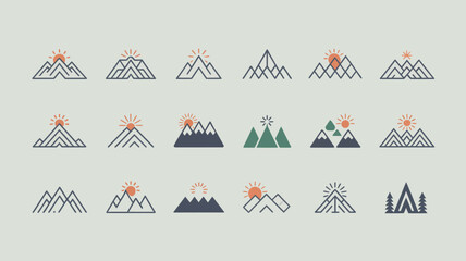 A minimalist design showcases a grid of mountain silhouettes paired with rising sun icons utilizing a muted color palette high quality professional detailed modern elegant stylish