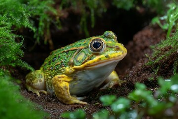Obraz premium Vibrant Green and Yellow Pacman Frog Sitting Still on Damp Soil and Lush Green Moss, Captured in a Detailed Close up Macro Shot, Showcasing Its Intricate Skin and Watchful Eye