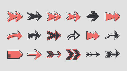 A collection of various arrow designs in red and black displaying different styles and directions for visual communication high quality professional detailed modern elegant stylish clean